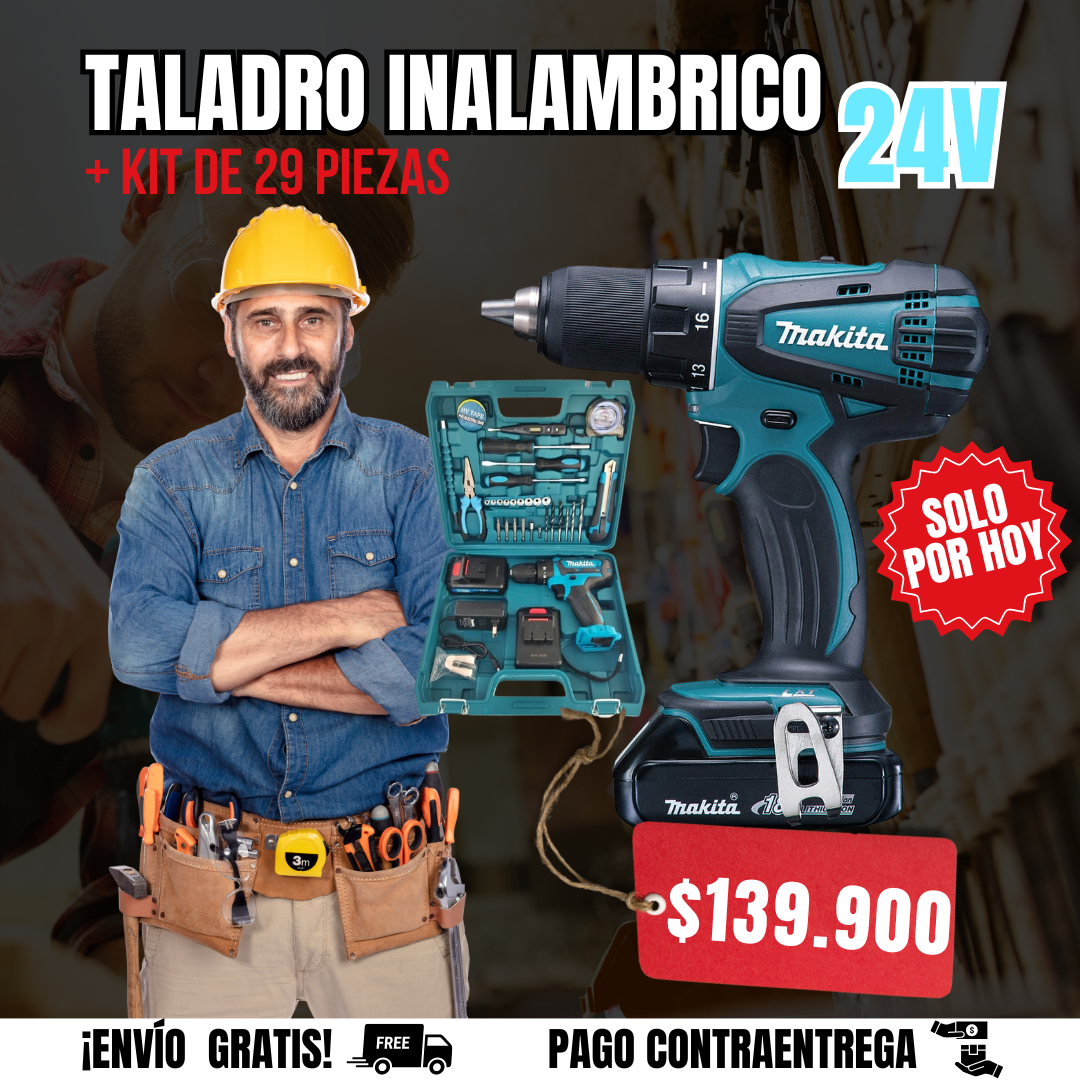 TALADRO INALAMBRICO MAKITA24V + KIT 29 PIEZAS🎁